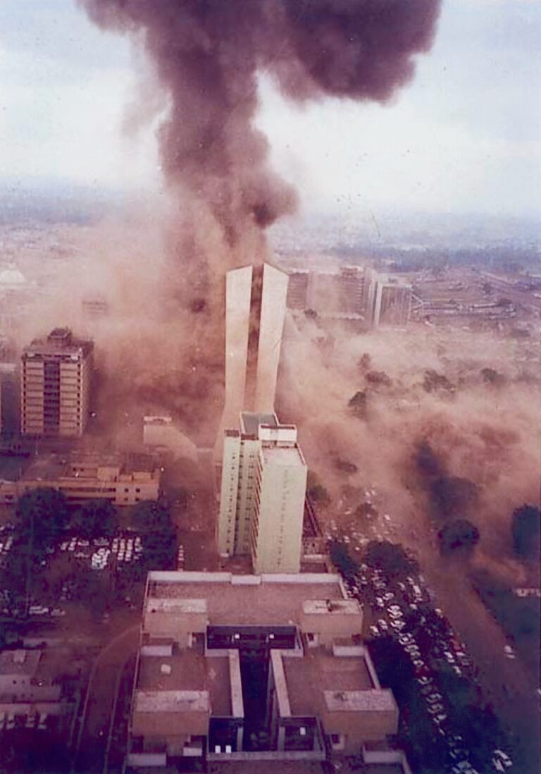 Aerial view of August 7, 1998 bombing at U.S. Embassy Nairobi, Kenya, by al Qaeda.